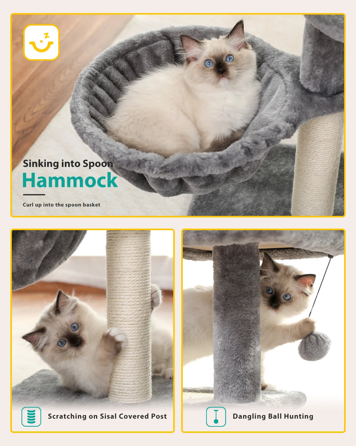 Cat Tree Tower with Scratching Posts, Hammock & Removable Top Perch