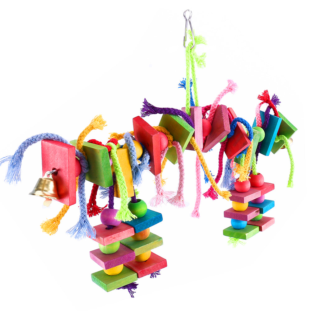 Multicolored Parrot Chew Toy with Wooden Blocks & Cotton Rope Swing