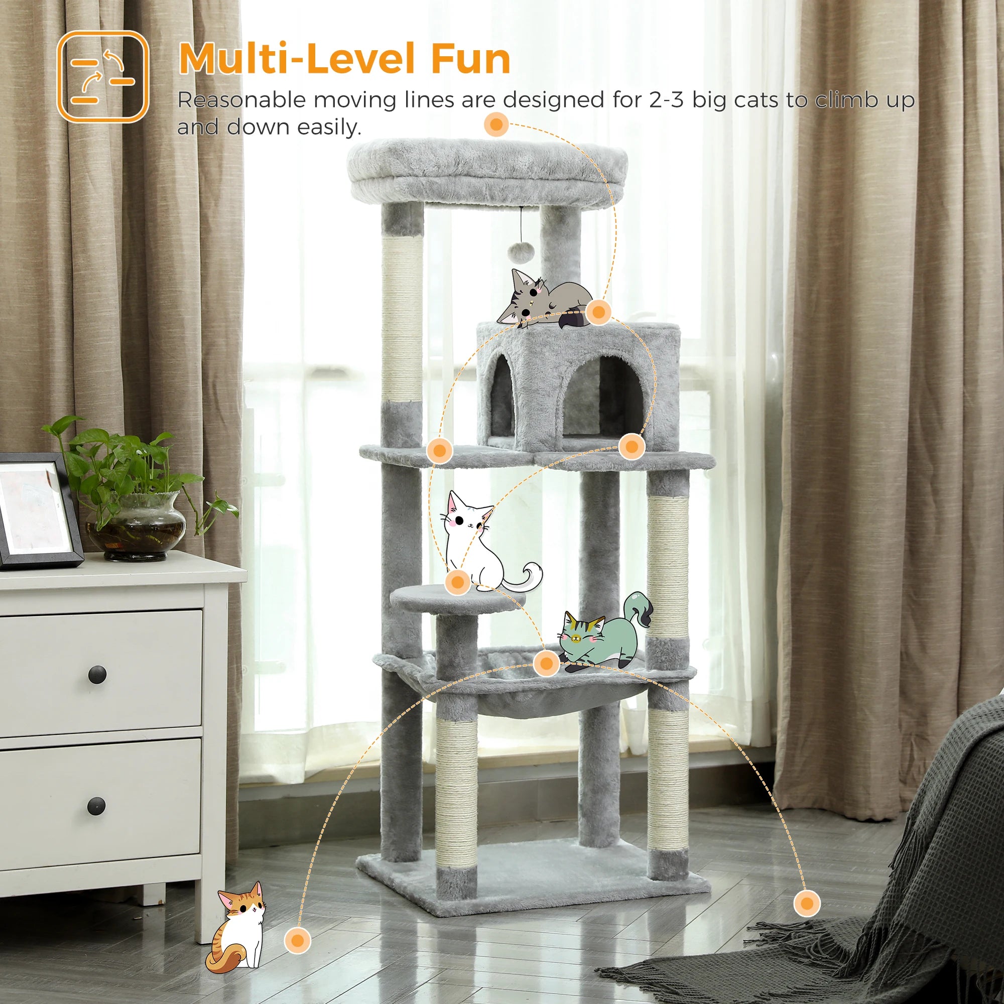 5-Level Cat Tree Tower for Large Cats with Hammock, Condo & Scratching Posts