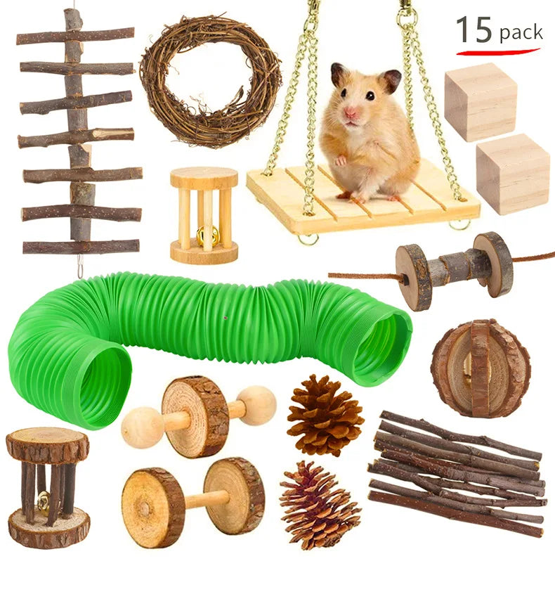 Wooden Toy Set for Hamsters, Rabbits, Guinea Pigs, and Small Pets