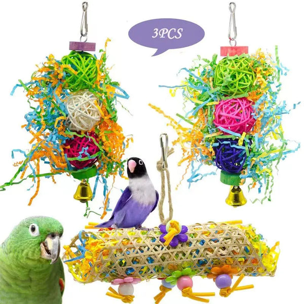 2/3pcs Colorful Parrot Foraging & Chewing Toy Set — Hanging Cage Shredder Toys