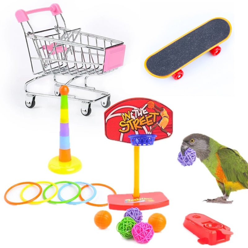 4-Piece Parrot Toy Set with Basketball, Skateboard, Stacking Toy & Trolley