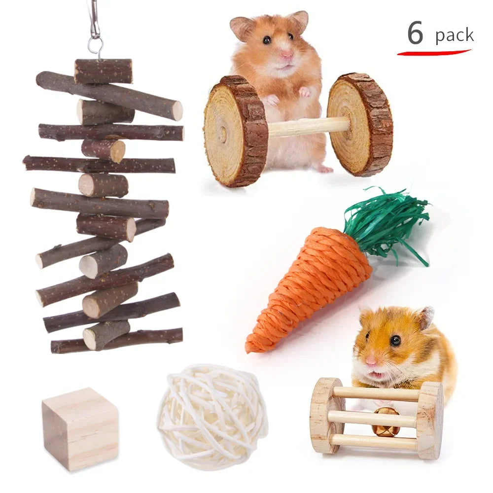 Wooden Toy Set for Hamsters, Rabbits, Guinea Pigs, and Small Pets