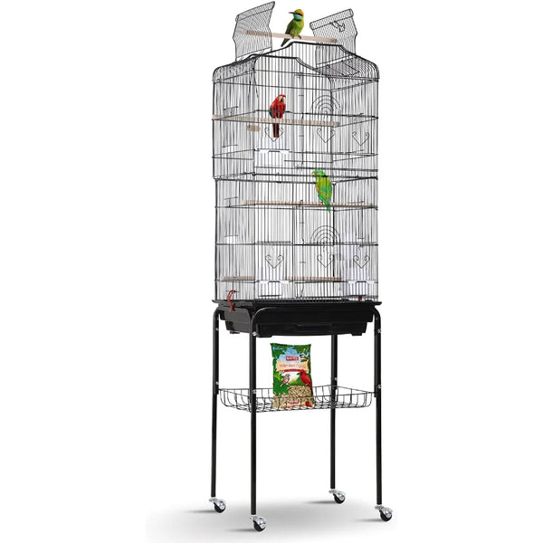 Open Top Bird Cage with Detachable Rolling Stand for Parrots