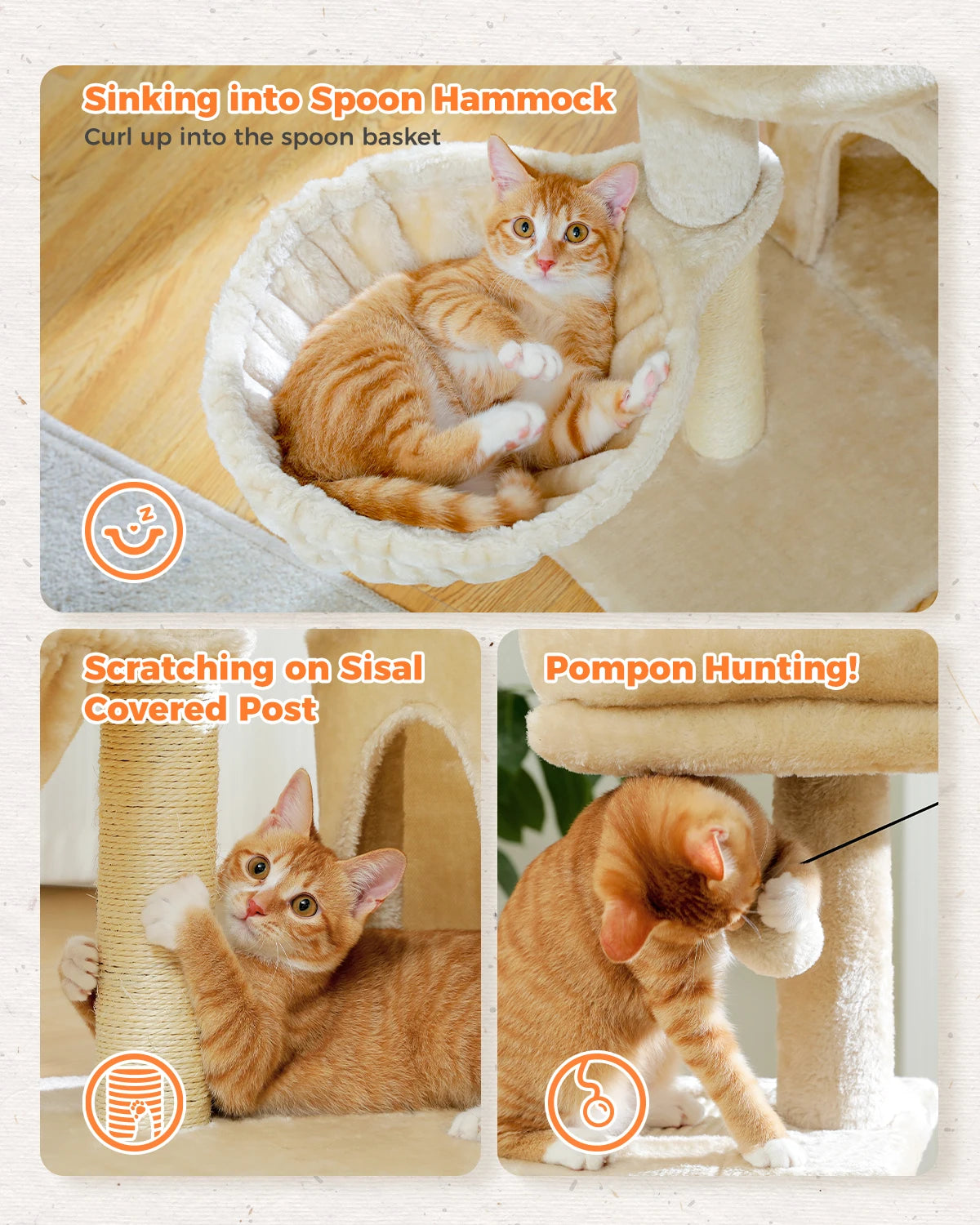 Cat Tree Tower with Scratching Posts, Hammock & Removable Top Perch