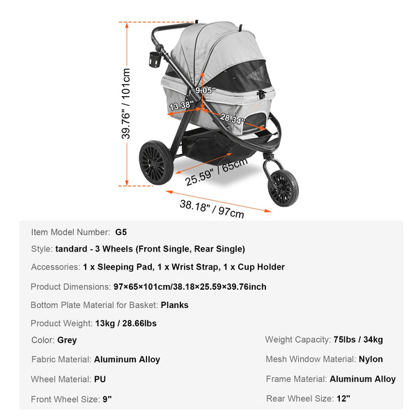VEVOR Lightweight Pet Stroller, Foldable Carrier for Dogs & Cats with Brakes and Cup Holder