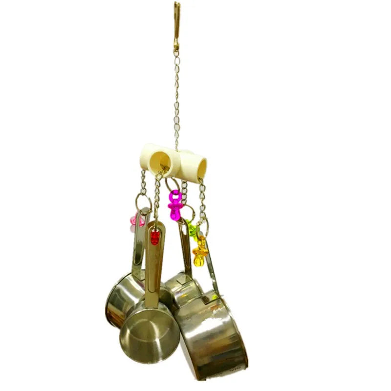 Parrot Hanging Toy with 4 Stainless Steel Pots & Acrylic Beads