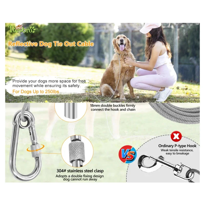 Double-Headed Dog Tie-Out Cable Leash – Heavy-Duty Outdoor Steel Wire with Metal Buckles