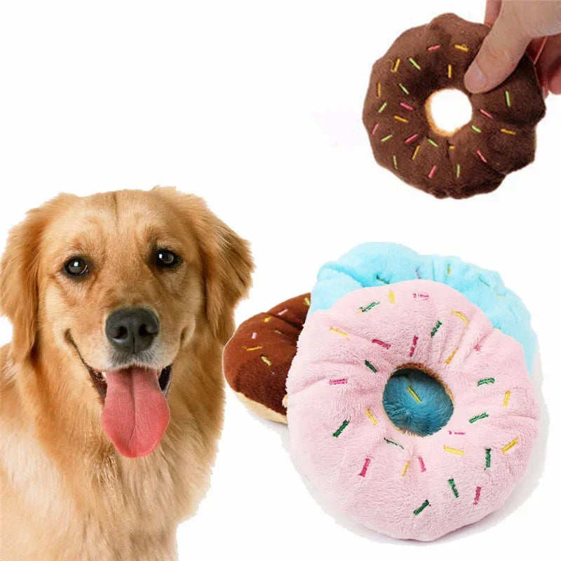 Soft Plush Donut Dog Toy – Chewable Squeaker Toy for Small & Medium Dogs