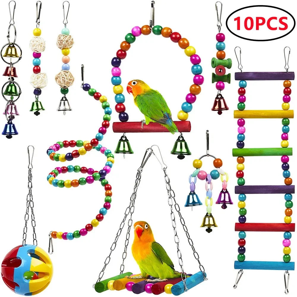 Combination Bird Toy Set — Swing, Chewing, Ladder & Bell Toys for Small Parrots