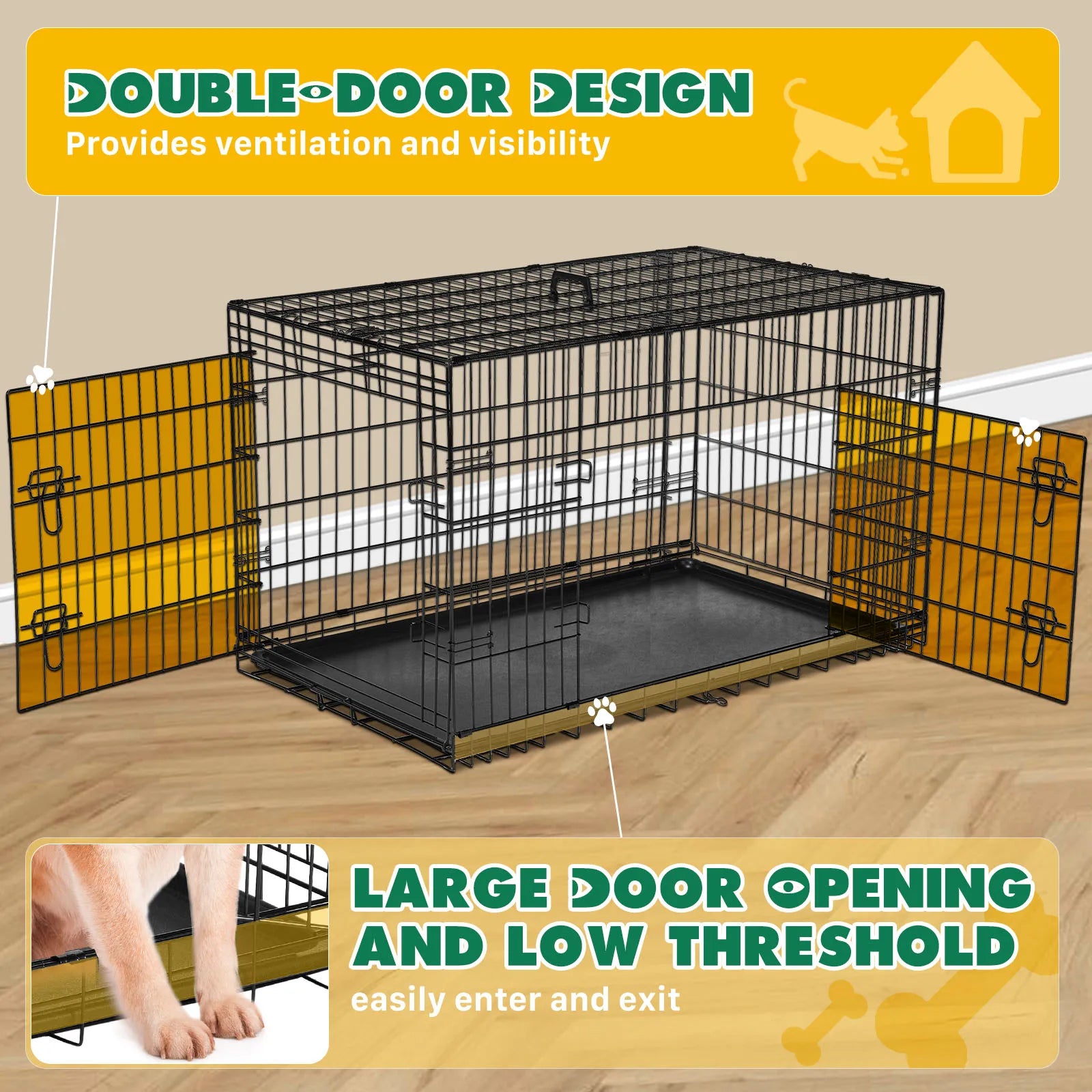Double Door Folding Metal Wire Dog Cage with Leak-Proof Plastic Pan