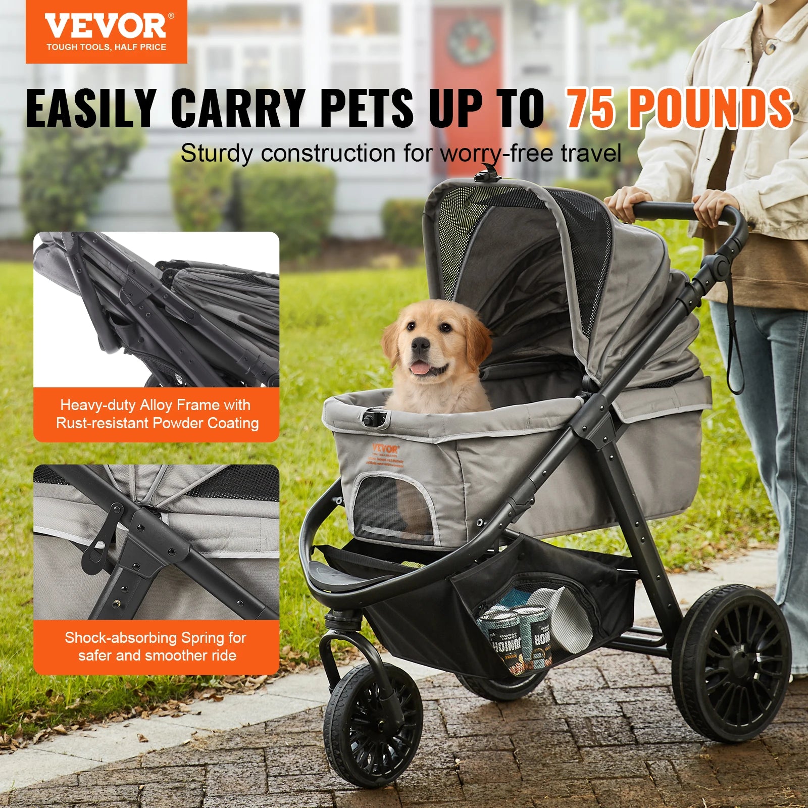 VEVOR Lightweight Pet Stroller, Foldable Carrier for Dogs & Cats with Brakes and Cup Holder