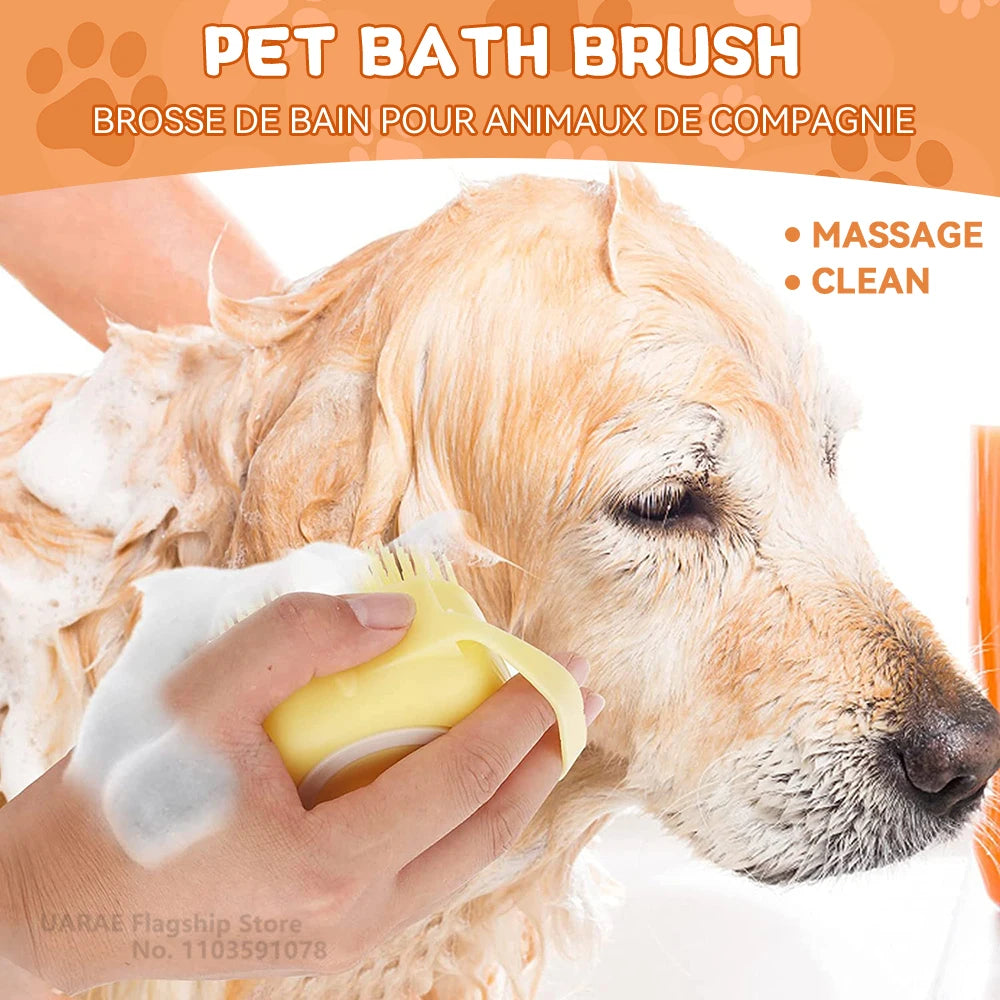 Dog & Cat Bath Brush — Silicone Grooming Tool with Shampoo Dispenser