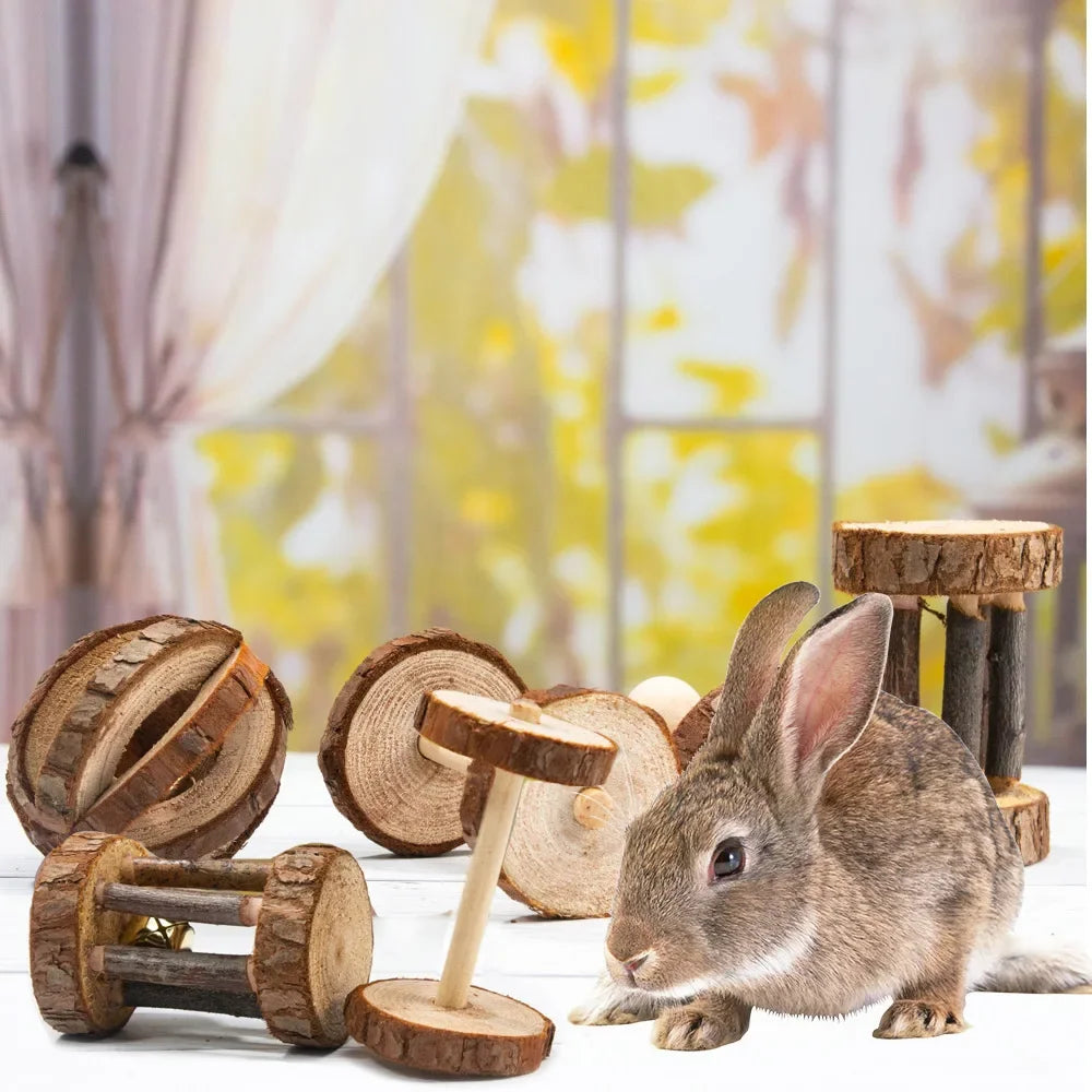 Natural Wooden Rabbit Roller & Chew Toys for Small Pets