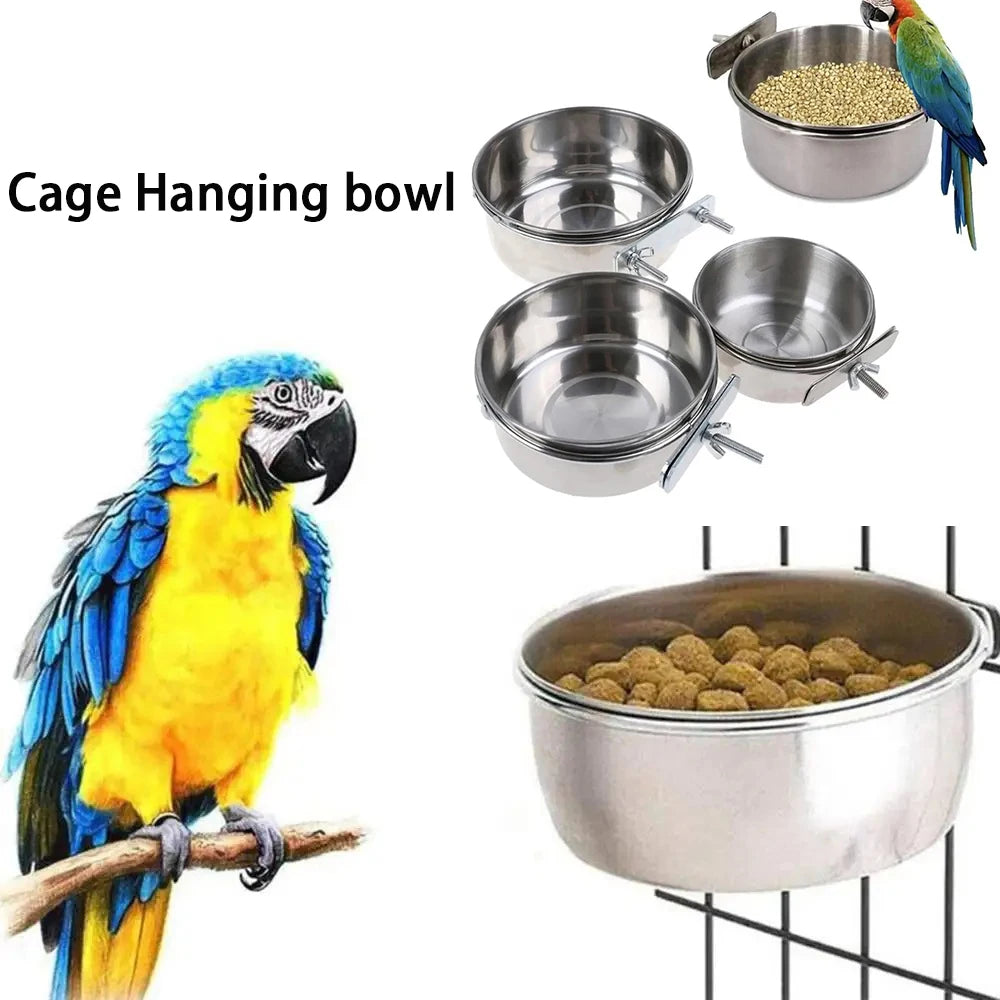 Stainless Steel Clamp-On Pet Food & Water Bowl, Hanging Cage Cup for Birds, Rabbits & Hamsters