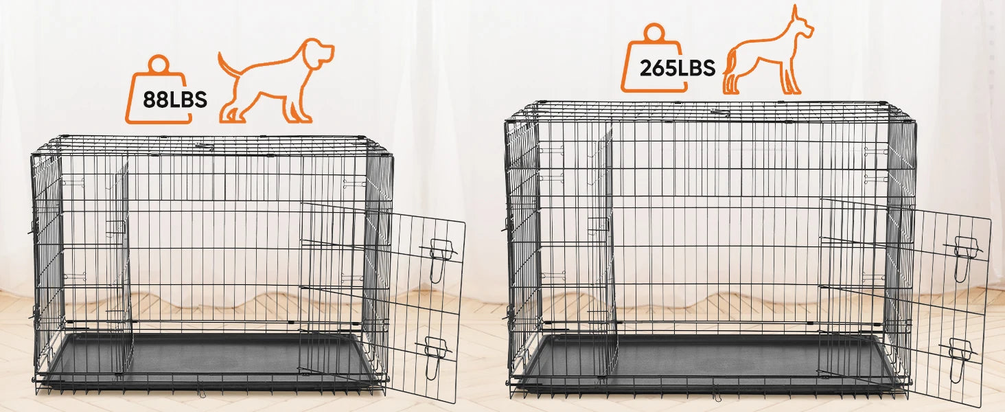 Double Door Folding Metal Wire Dog Cage with Leak-Proof Plastic Pan