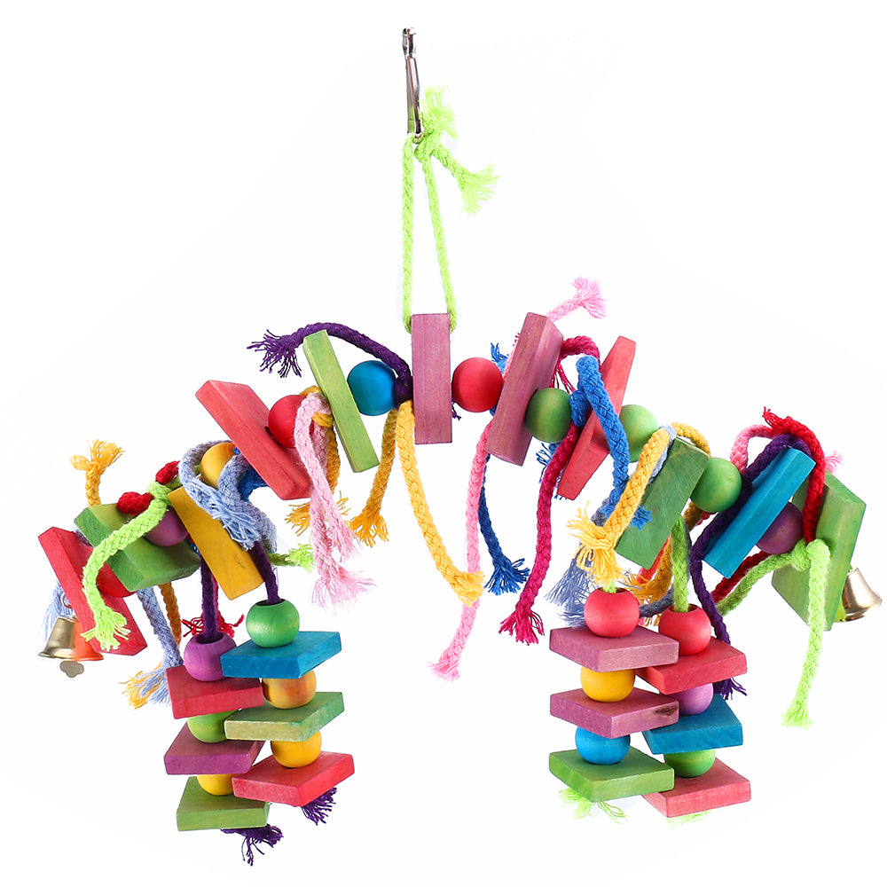 Multicolored Parrot Chew Toy with Wooden Blocks & Cotton Rope Swing