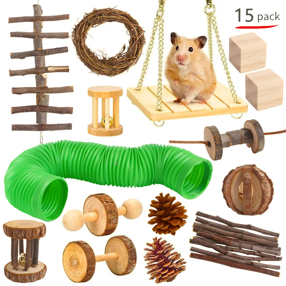 Wooden Toy Set for Hamsters, Rabbits, Guinea Pigs, and Small Pets