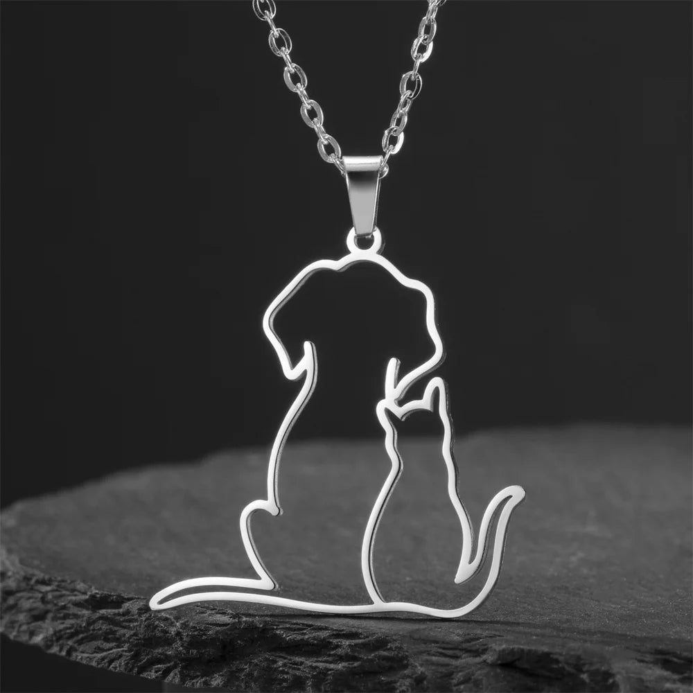 Hugging Puppy & Kitten Pendant Necklace for Pet Lovers