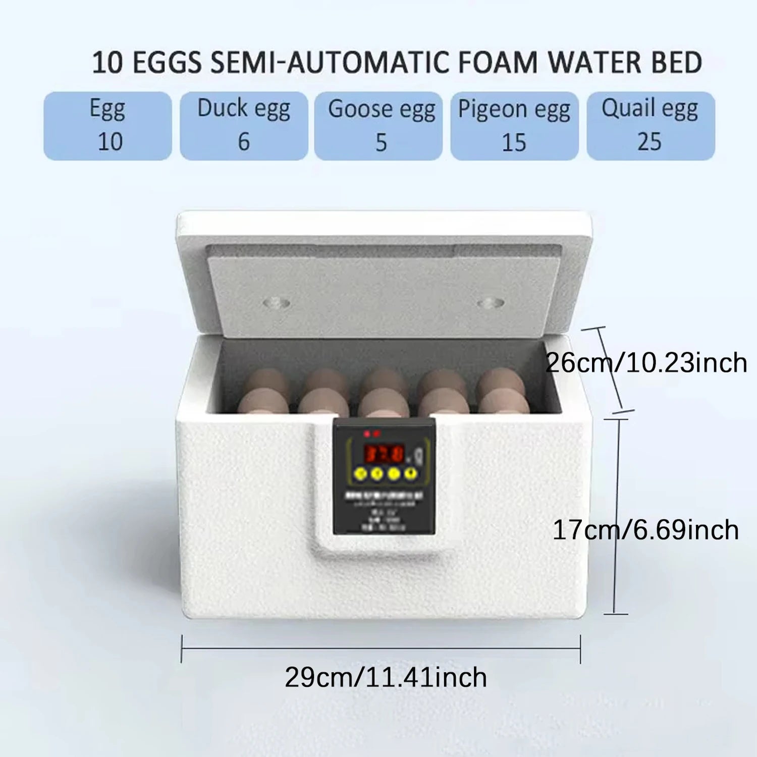 USB Poultry Incubator with Thermostat, Manual Turn, Bionic Waterbed & Egg Candler