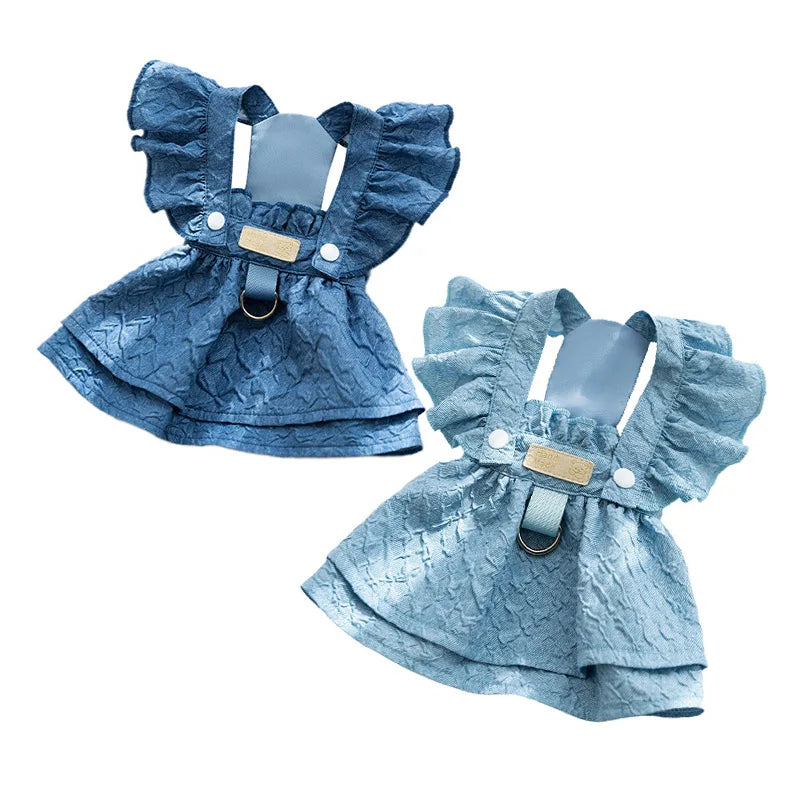Denim Dog Dress with Leash Ring, Summer Outfit for Small Dogs & Cats