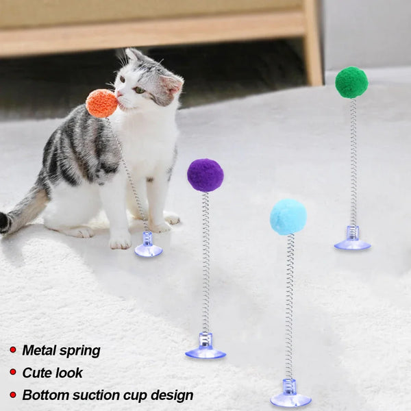 Fur Ball Spring Cat Toy with Suction Cup, Interactive Teaser Wand in Random Colors