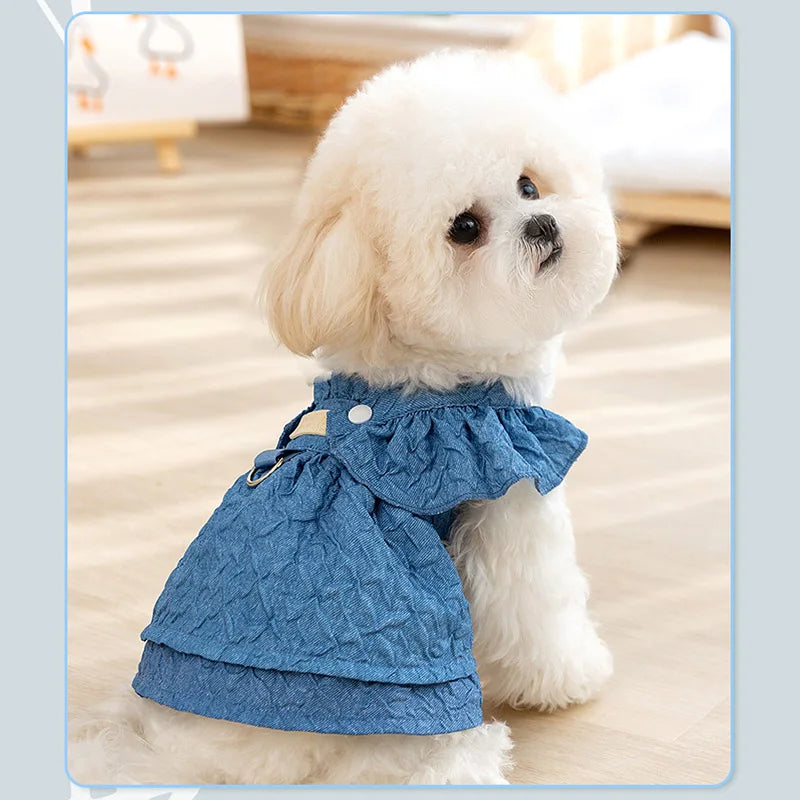 Denim Dog Dress with Leash Ring, Summer Outfit for Small Dogs & Cats