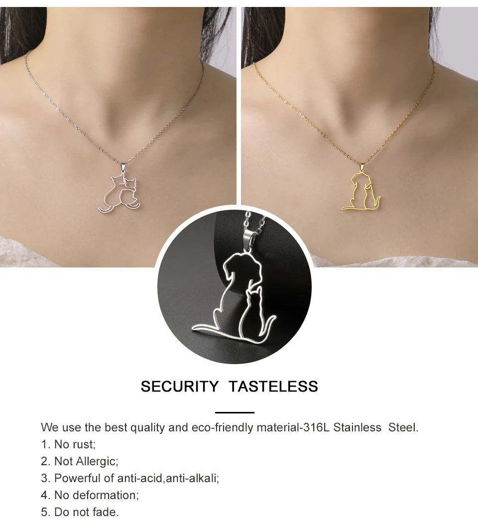 Hugging Puppy & Kitten Pendant Necklace for Pet Lovers
