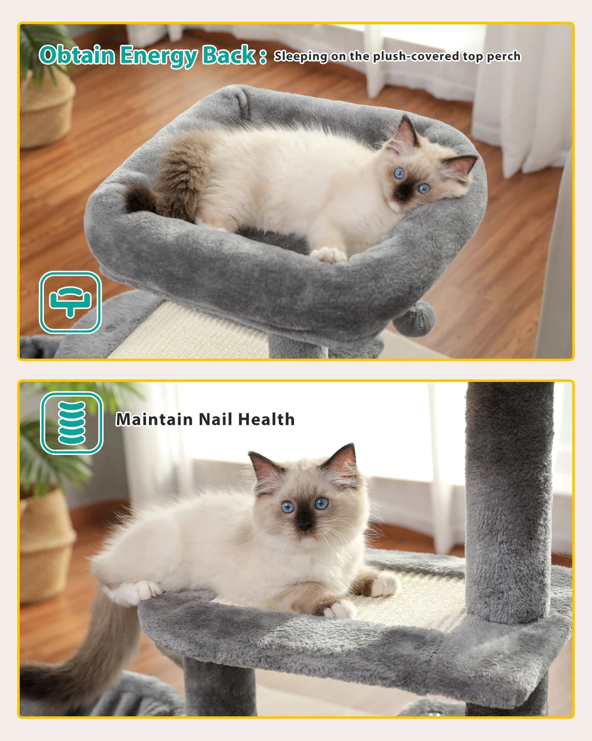 Cat Tree Tower with Scratching Posts, Hammock & Removable Top Perch