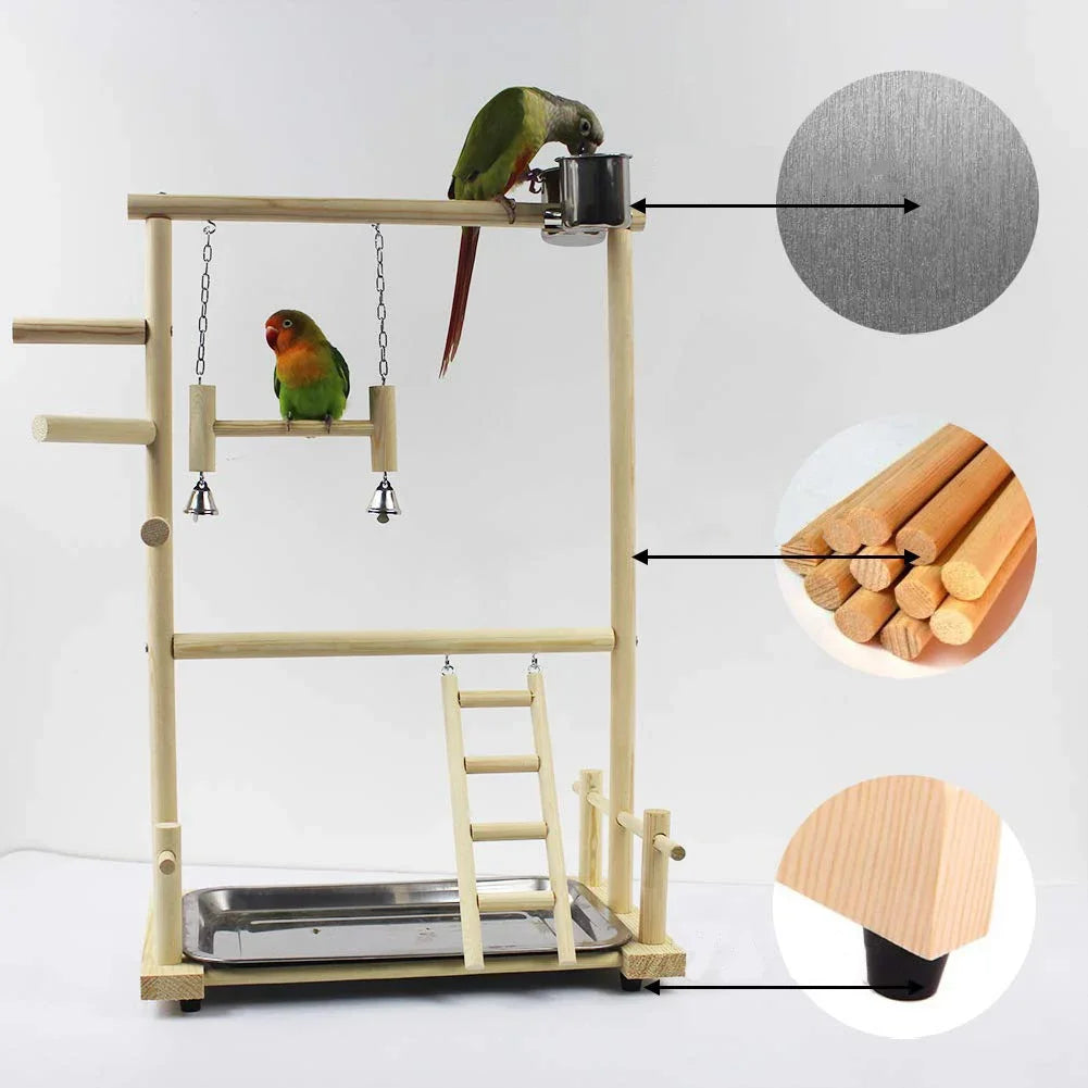 Wooden Parrot Playstand Playground with Perch, Ladder, Feeder Plate & Toys for Cockatiels