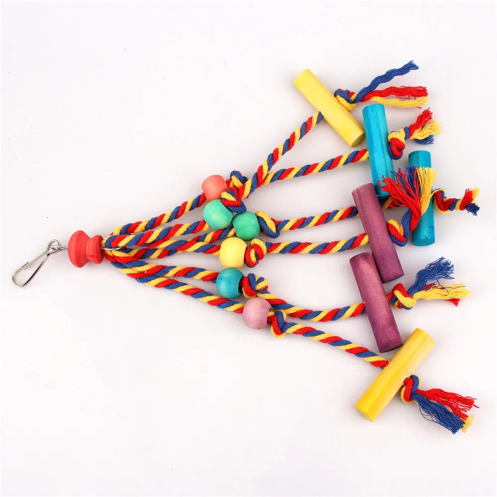 Random Color Wooden Parrot Chew Toy with Rope, Bird Cage Training Accessory