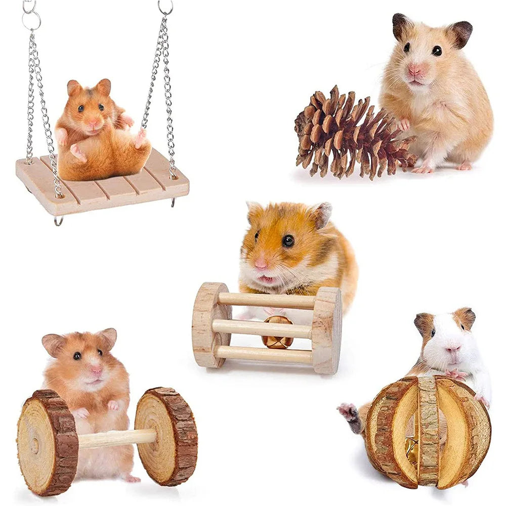Wooden Toy Set for Hamsters, Rabbits, Guinea Pigs, and Small Pets