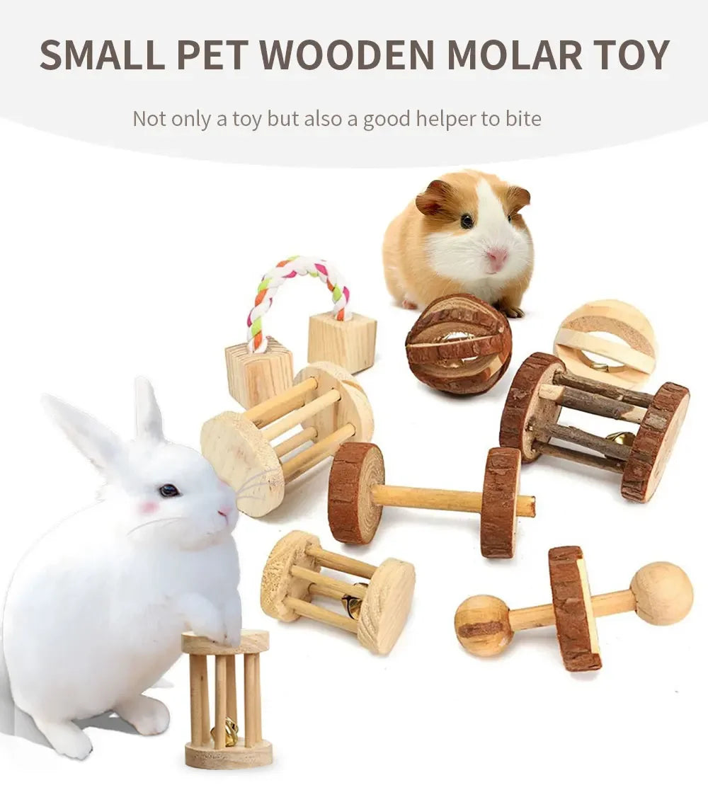 Natural Wooden Rabbit Roller & Chew Toys for Small Pets
