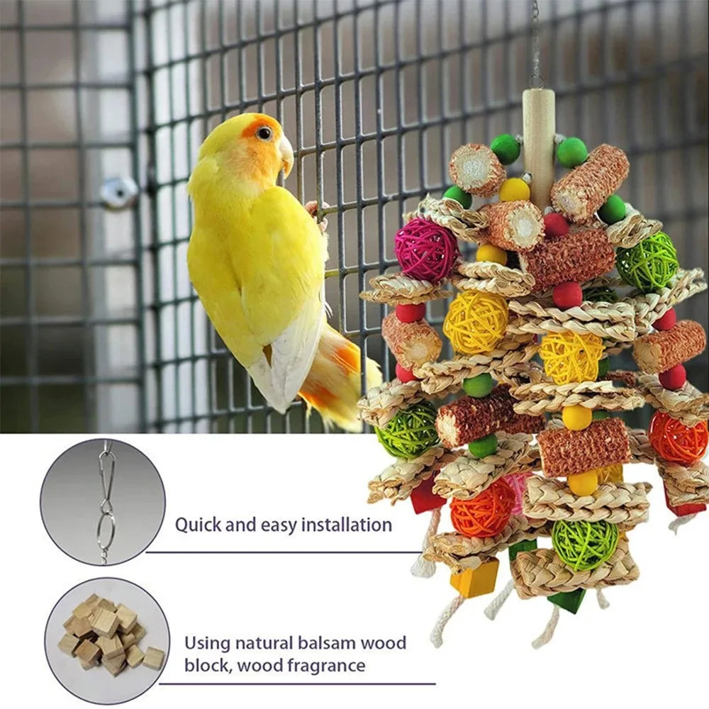 Wooden Bird Swing Toy with Beads & Perch for Parrots and Budgies
