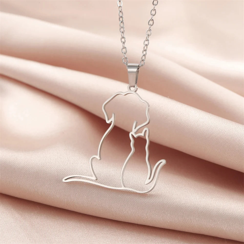 Hugging Puppy & Kitten Pendant Necklace for Pet Lovers