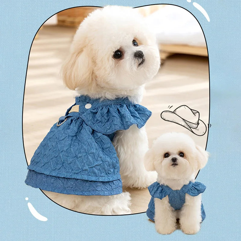 Denim Dog Dress with Leash Ring, Summer Outfit for Small Dogs & Cats