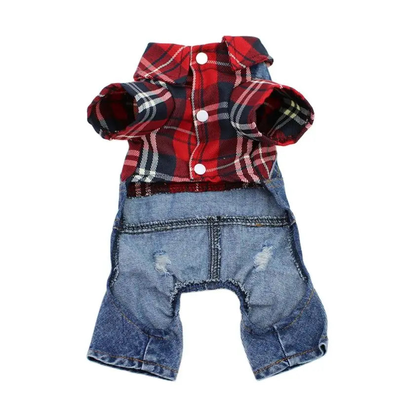 Dog & Cat Denim Plaid Jumpsuit Hoodie, Spring/Autumn Pet Outfit
