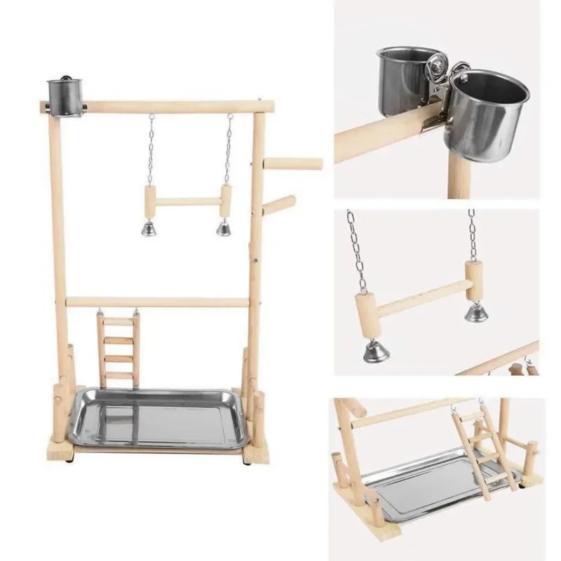 Wooden Parrot Playstand Playground with Perch, Ladder, Feeder Plate & Toys for Cockatiels