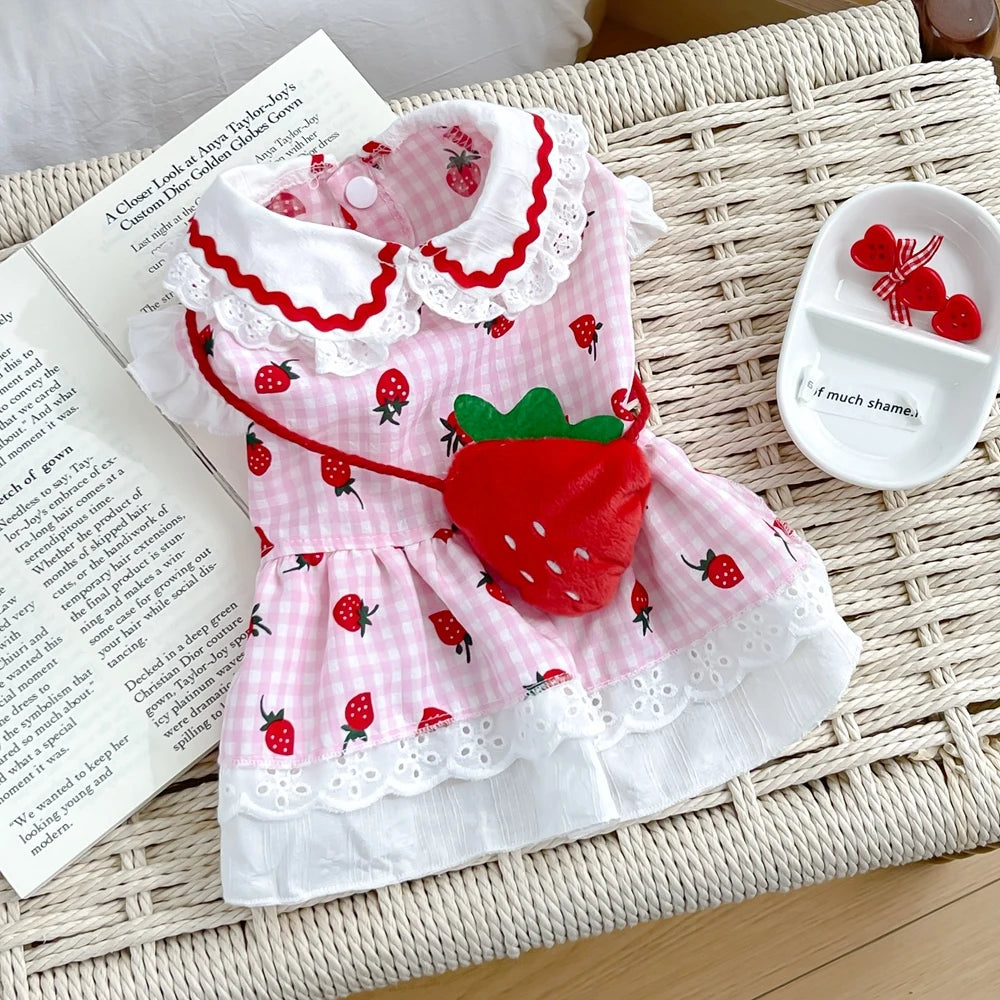 Strawberry Plaid Dog Dress – Cute Summer Outfit for Small & Medium Dogs and Cats