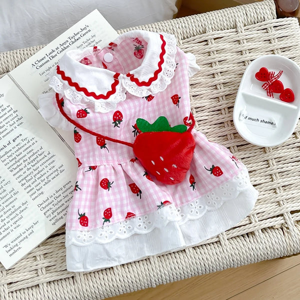 Strawberry Plaid Dog Dress – Cute Summer Outfit for Small & Medium Dogs and Cats