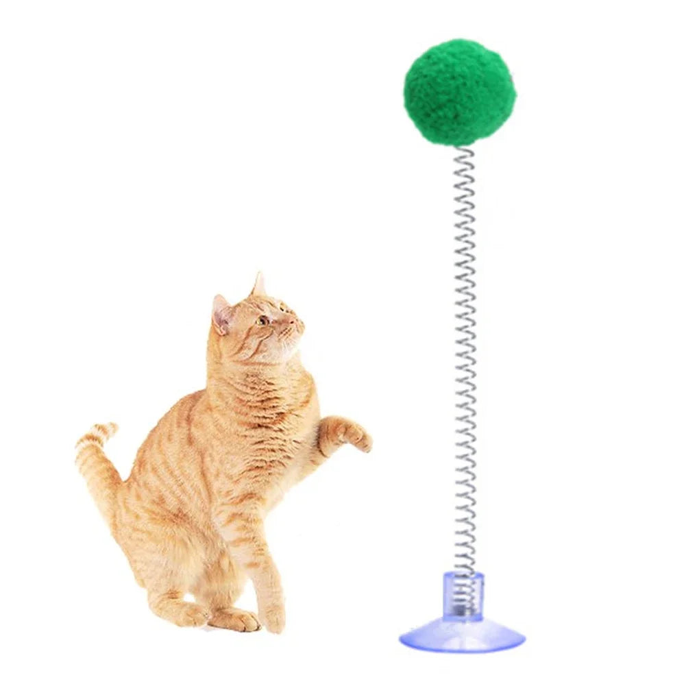 Fur Ball Spring Cat Toy with Suction Cup, Interactive Teaser Wand in Random Colors