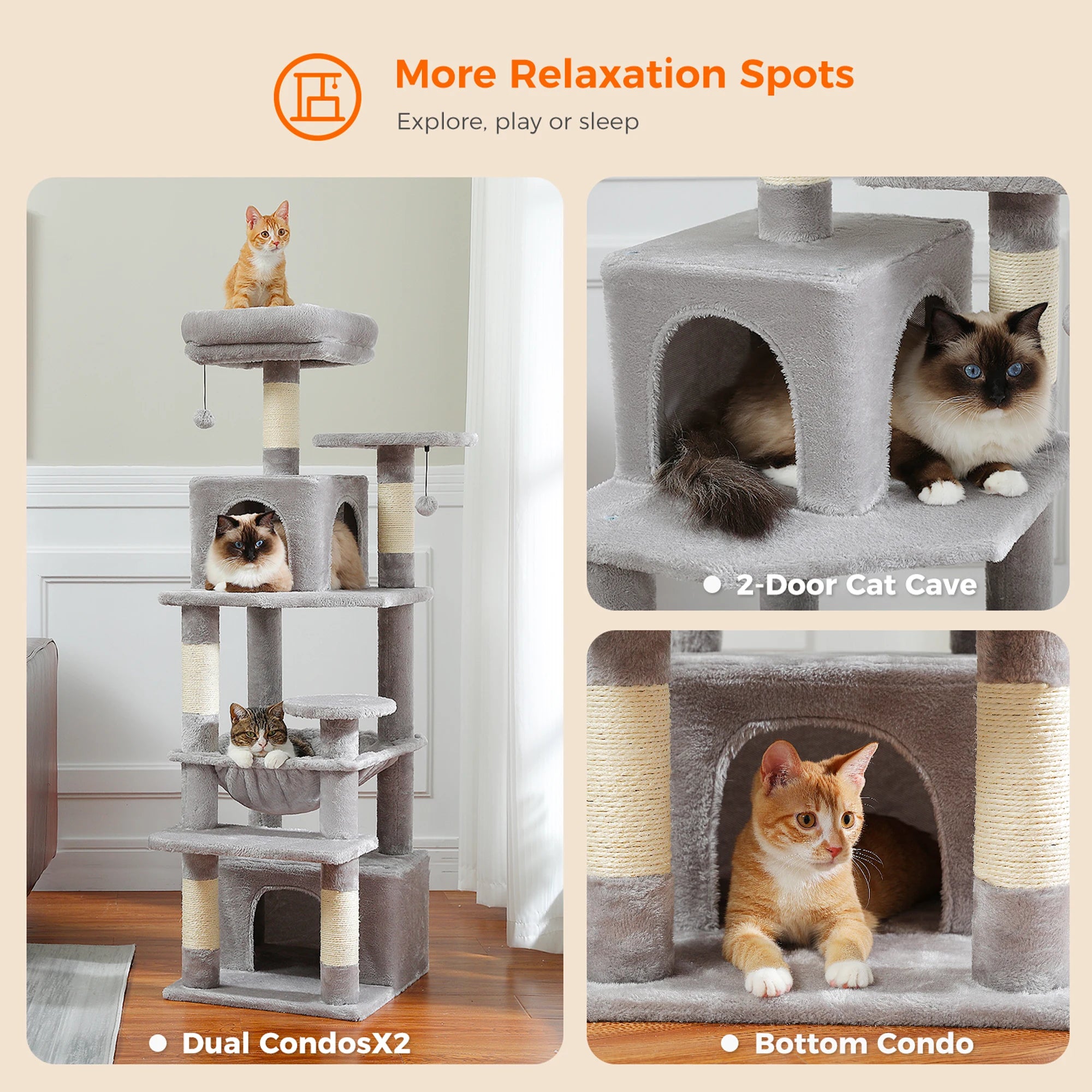 184cm Large Cat Tree Tower with Hammock, Scratching Posts & Condos