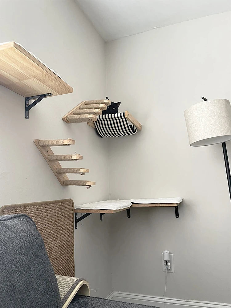 Wall-Mounted Cat Climbing Shelves with Scratching Post & Steps