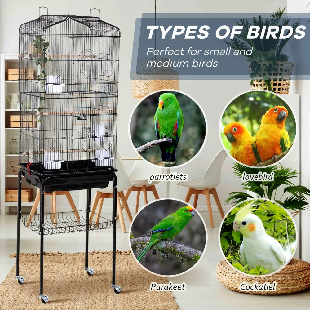 Open Top Bird Cage with Detachable Rolling Stand for Parrots