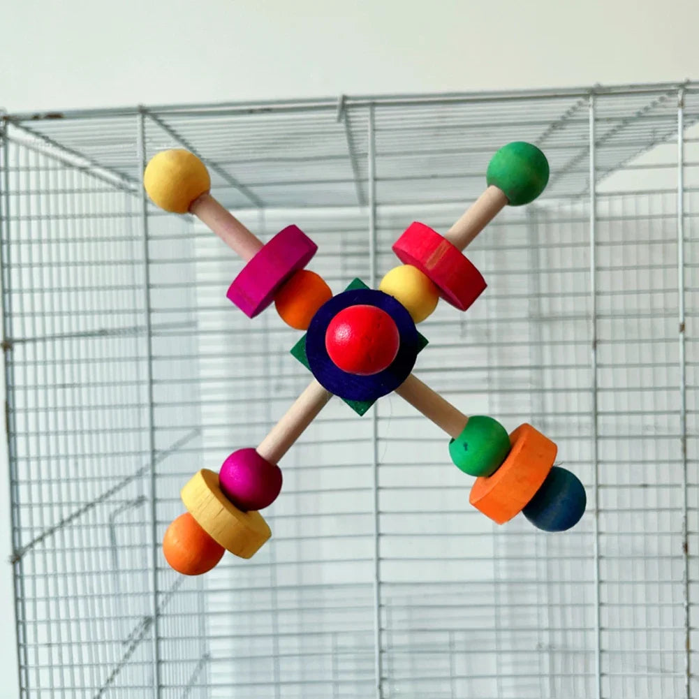 Natural Wooden Parrot Perch Toy with Rotating Balls