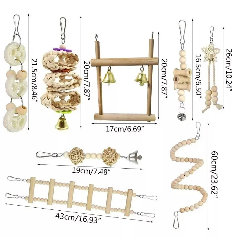 Combination Bird Toy Set — Swing, Chewing, Ladder & Bell Toys for Small Parrots