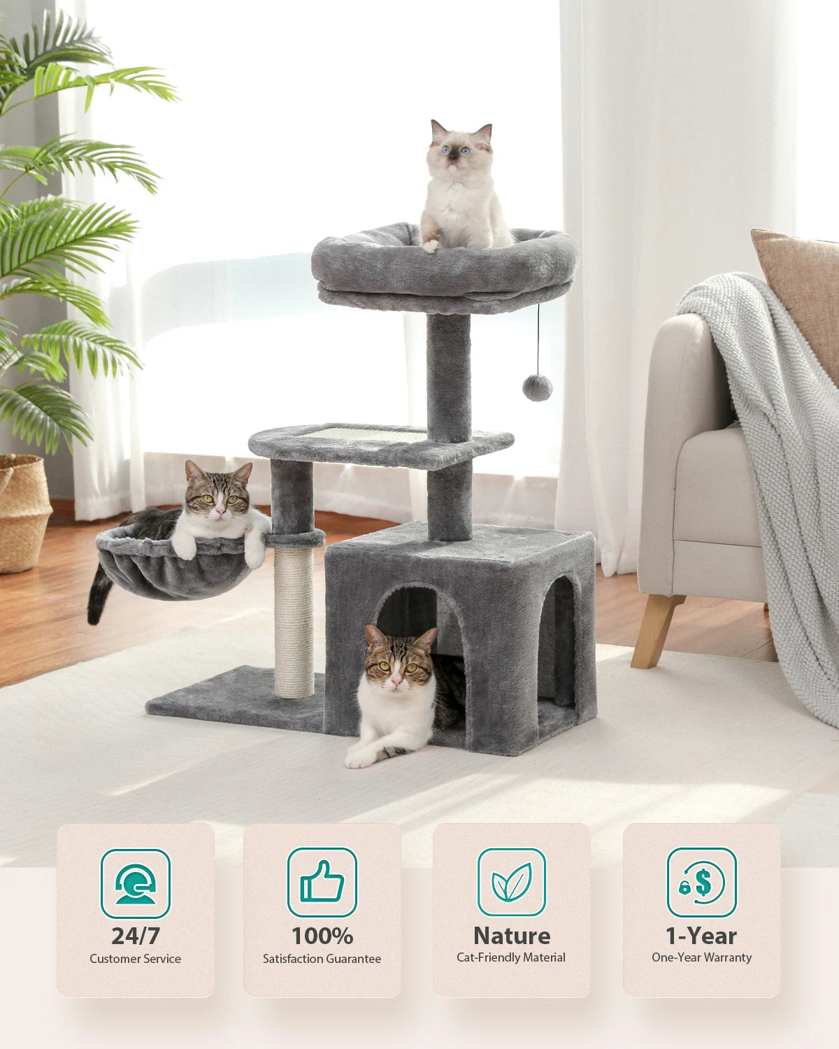 Cat Tree Tower with Scratching Posts, Hammock & Removable Top Perch