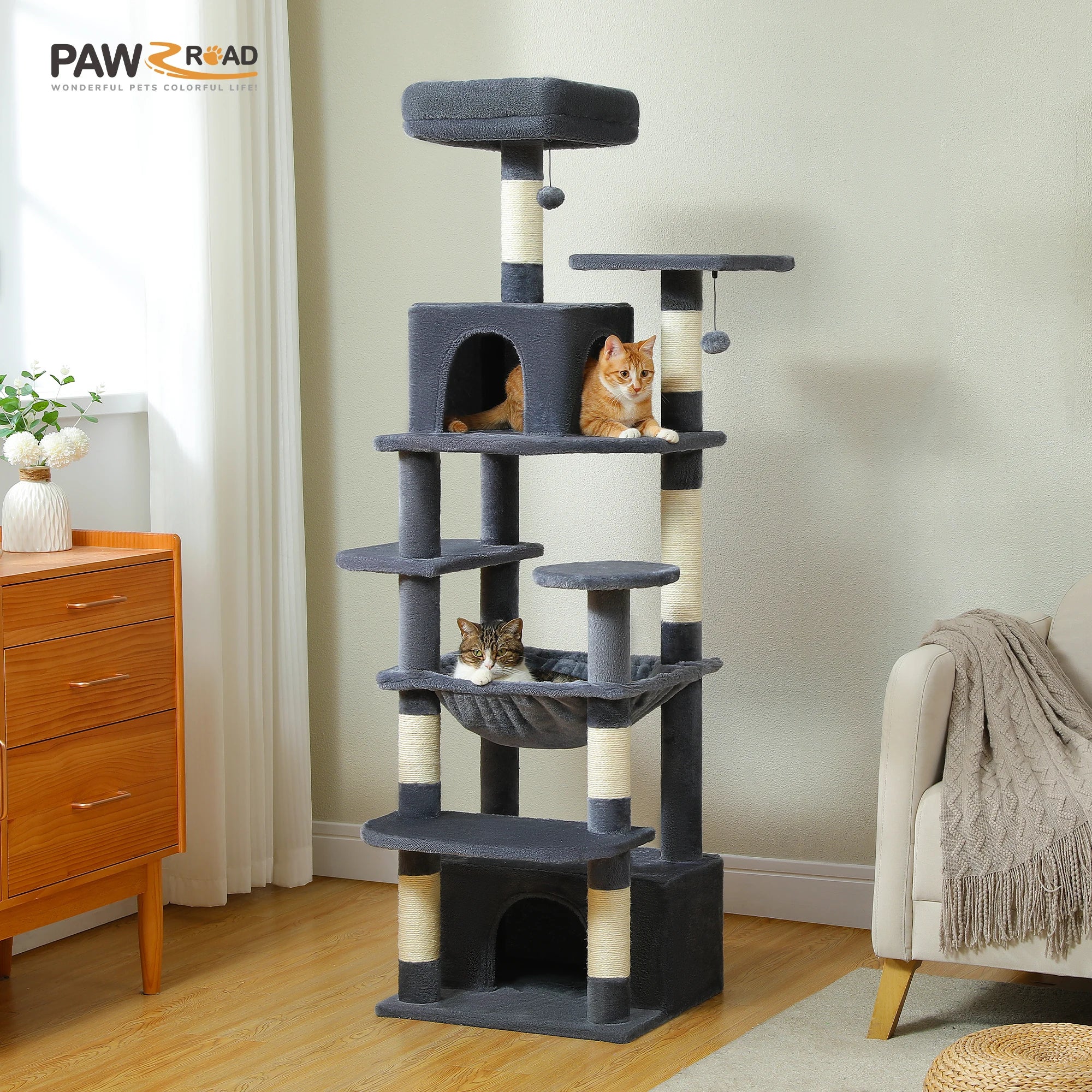 184cm Large Cat Tree Tower with Hammock, Scratching Posts & Condos