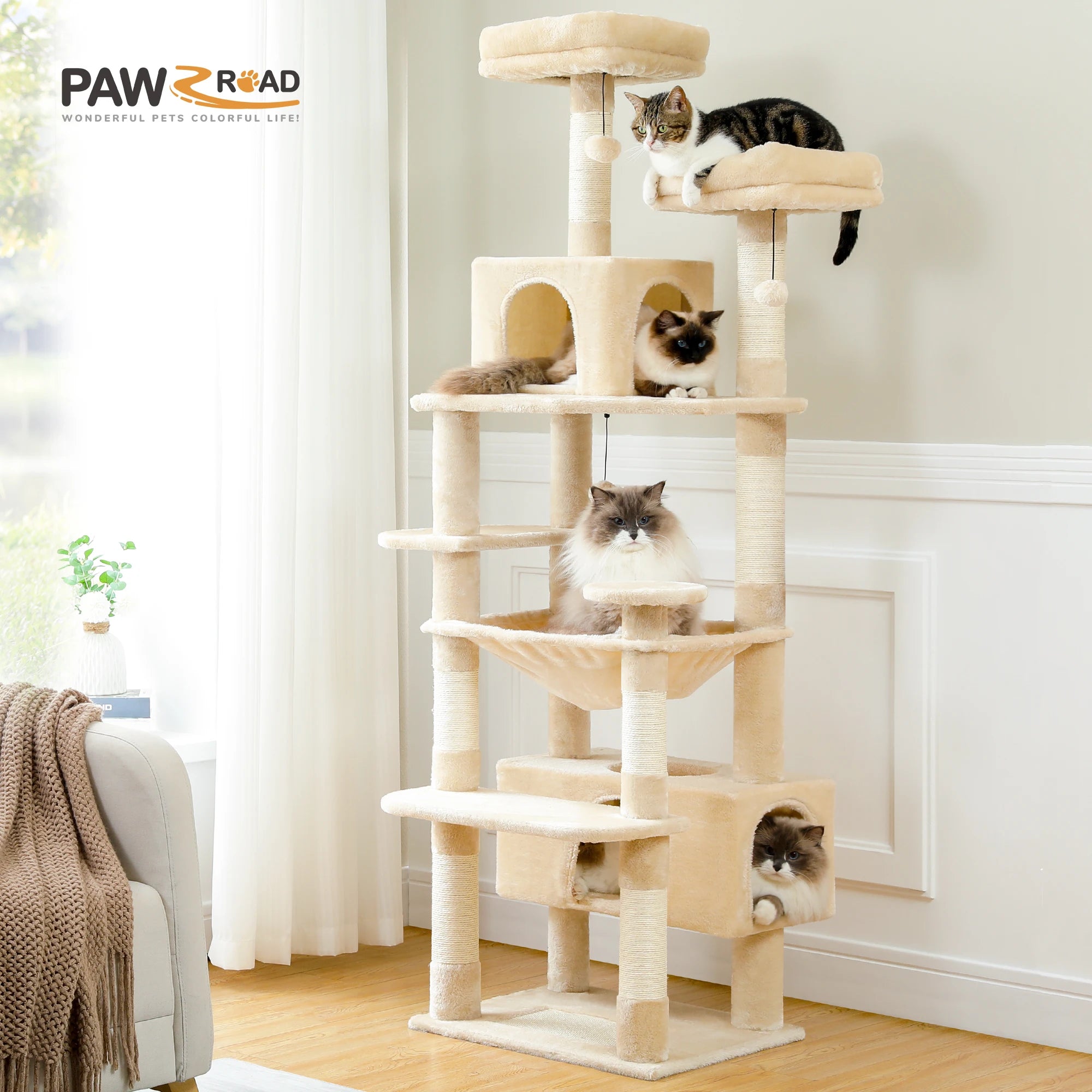 184cm Large Cat Tree Tower with Hammock, Scratching Posts & Condos