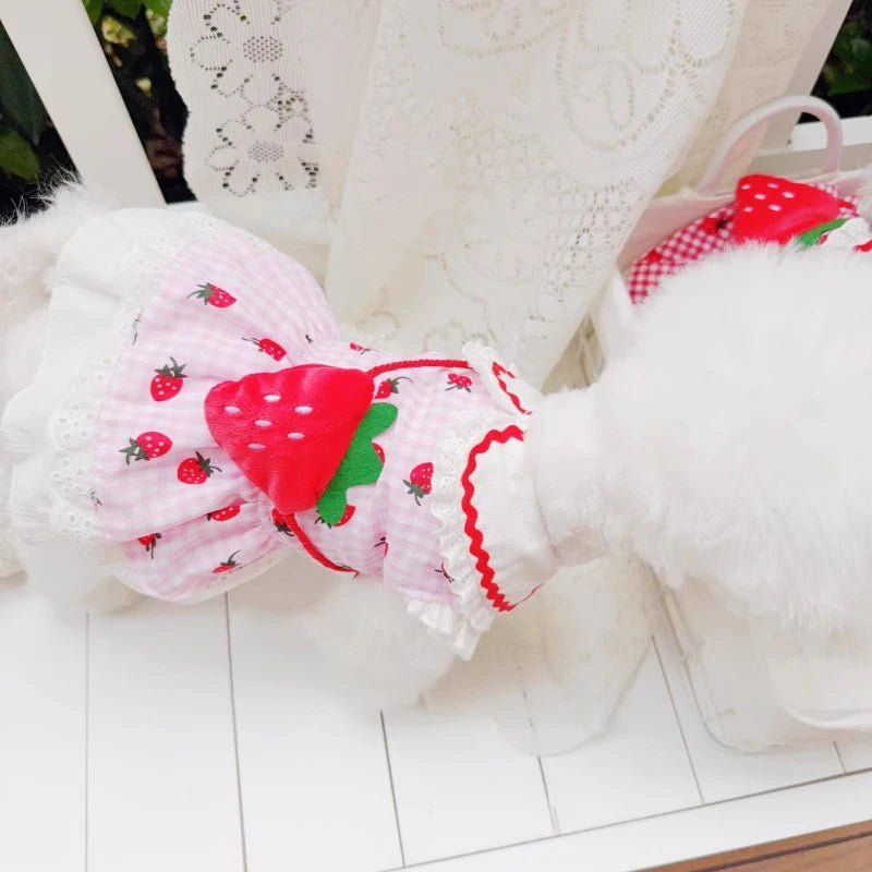 Strawberry Plaid Dog Dress – Cute Summer Outfit for Small & Medium Dogs and Cats